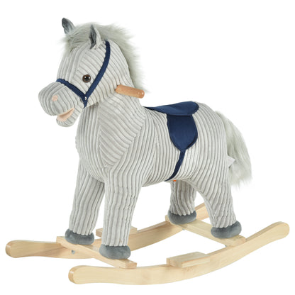 HOMCOM Baloiço Infantil de Cavalo para Crianças acima de 3 Anos Baloiço de Pelúcia com Sons de Relinchos e Galopes e Base de Madeira 73x35x64cm Azul e Cinza