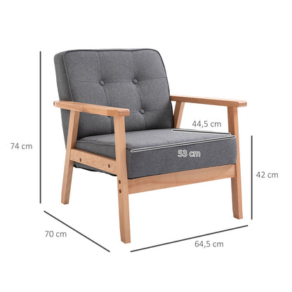 HOMCOM Poltrona de Sala de Estar Poltrona Individual Estofada em Linho com Assento Acolchoado e Estrutura de Madeira para Escritório Dormitório Carga 200kg 70x64,5x74cm Cinza e Madeira