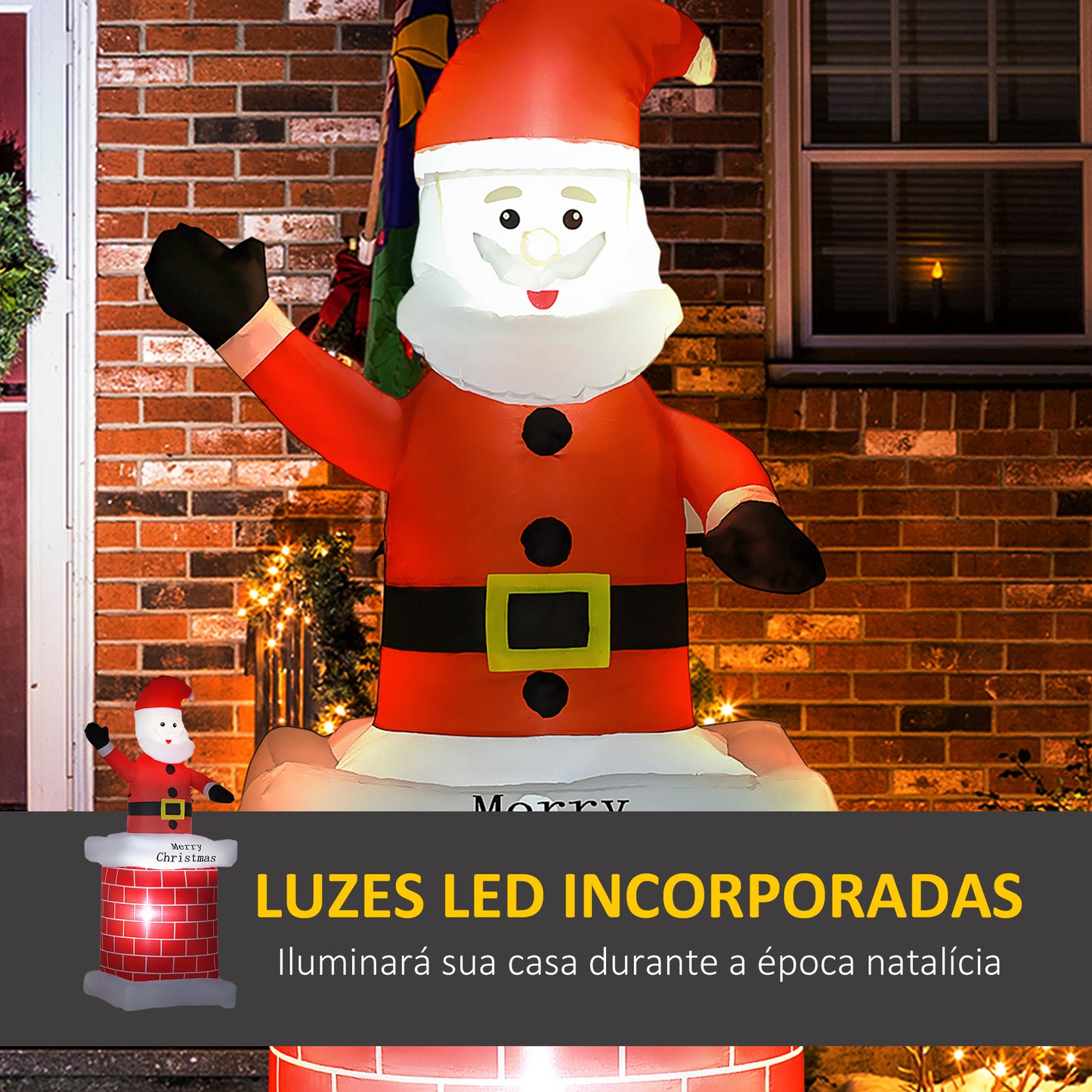 HOMCOM Pai Natal Insuflável com Chaminé Insuflável de Natal com 2 Luzes LED e Insuflador Elétrico Decoração de Natal para Exterior e Interior 80x70x210 cm Multicor