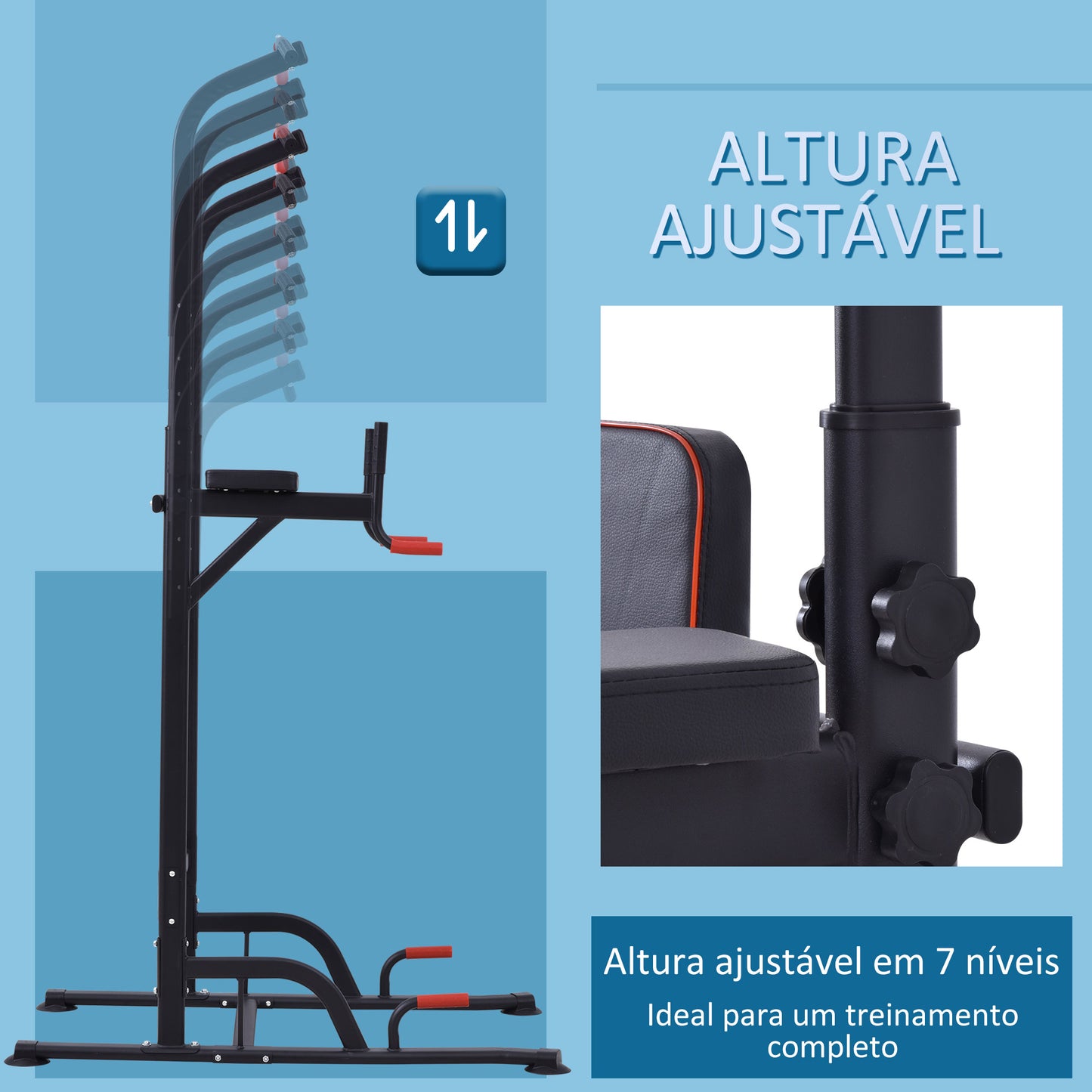 Torre de Exercícios Estação Multifuncional Altura Ajustável com 7 Orifícios para Treinamento Fitness para Casa Academia Escritório Carga Máxima 120kg 123x98x189-239cm Preto e Vermelho