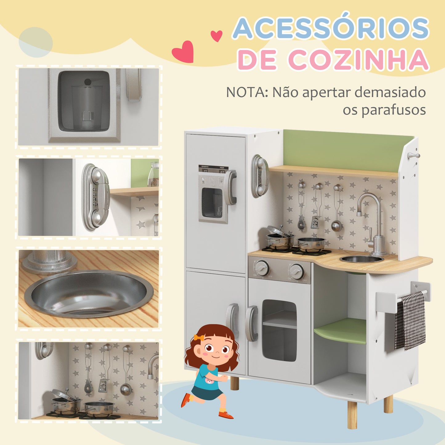 AIYAPLAY Cozinha de Madeira para Crianças de 3-6 Anos Cozinha Infantil com Máquina de Gelo Lavatório de Aço Inoxidável e Utensílios 84x34x89 cm Branco