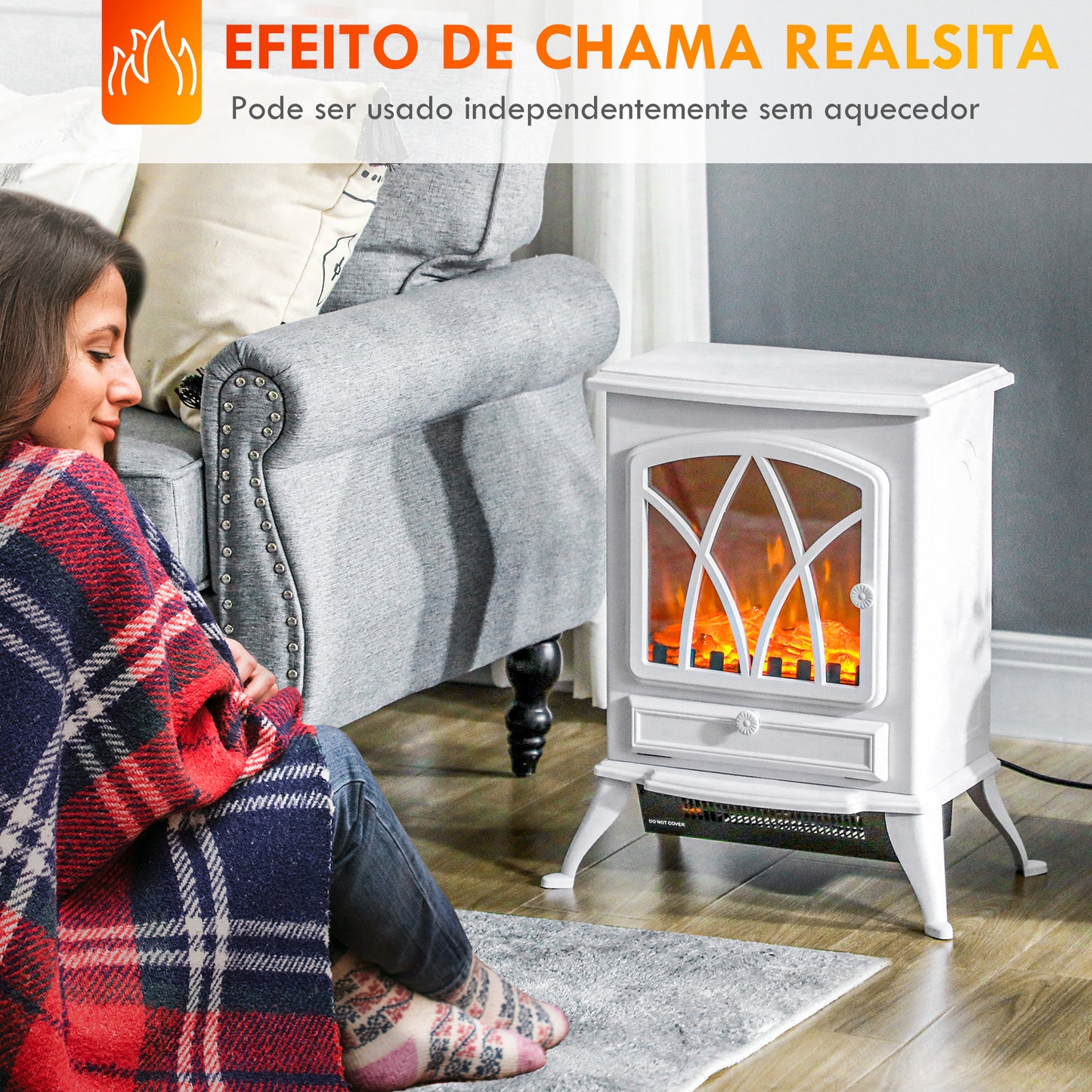 Lareira Elétrica Portátil Lareira Elétrica com Efeito de Chama Realista Potência 1000W/2000W 45x28,5x54 cm Branco