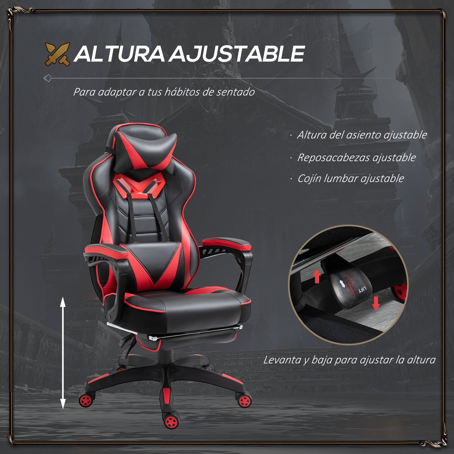 Vinsetto Cadeira de escritorio gaming ergonômica Altura ajustável Reclinável Encosto com apoio para pés Encosto de cabeça Almofada lombar Rodas 65x70x118,5-126,5 cm Vermelho e Preto