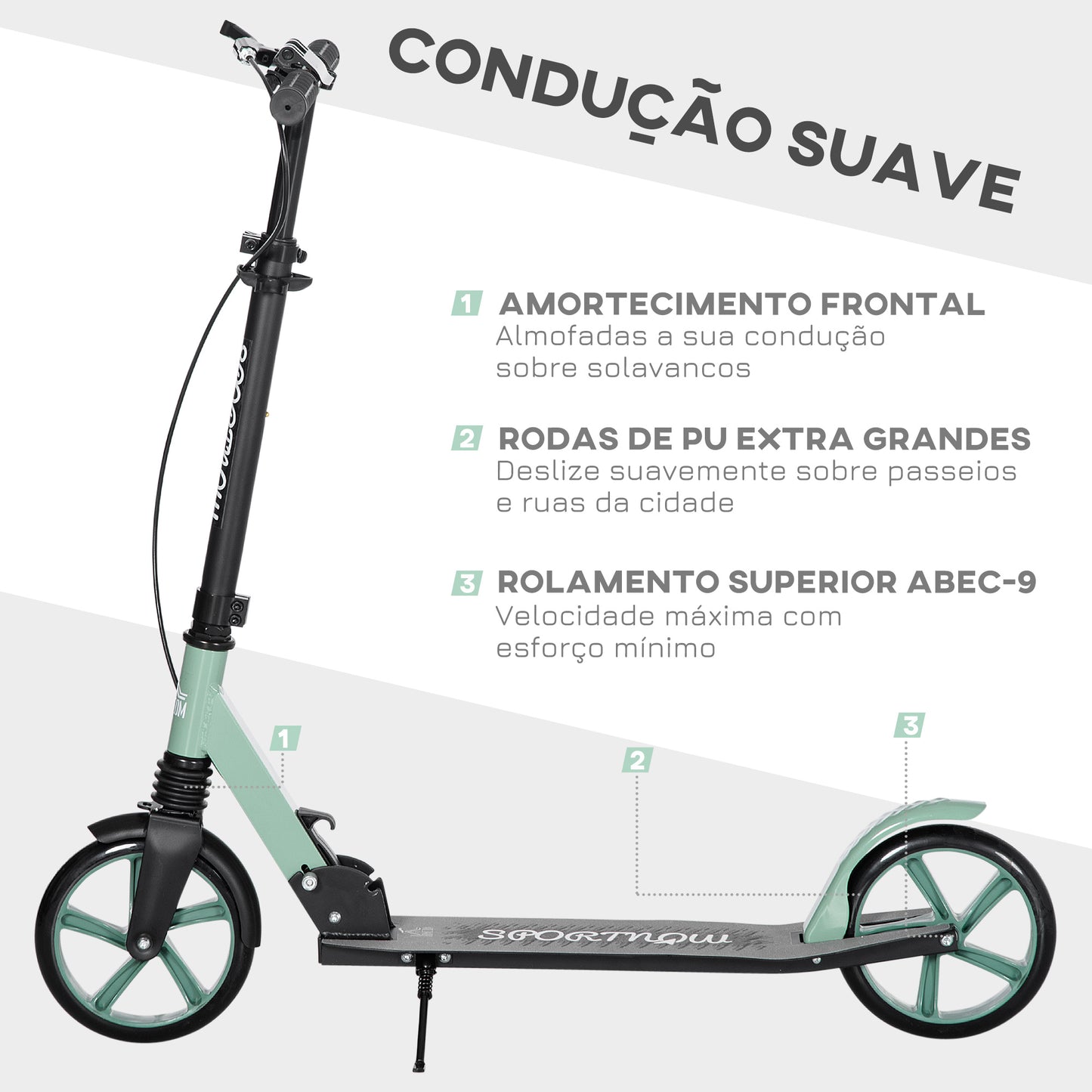 HOMCOM Trotinete Dobrável para Adultos e Crianças acima de 14 Anos Trotinete com Guiador Ajustável Rodas Grandes de 200mm Amortecimento e Travão Carga Máxima 100kg 91,5x36,5x91-104cm Verde