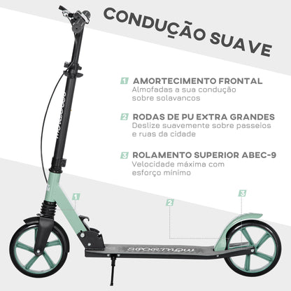 HOMCOM Trotinete Dobrável para Adultos e Crianças acima de 14 Anos Trotinete com Guiador Ajustável Rodas Grandes de 200mm Amortecimento e Travão Carga Máxima 100kg 91,5x36,5x91-104cm Verde