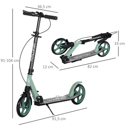 HOMCOM Trotinete Dobrável para Adultos e Crianças acima de 14 Anos Trotinete com Guiador Ajustável Rodas Grandes de 200mm Amortecimento e Travão Carga Máxima 100kg 91,5x36,5x91-104cm Verde