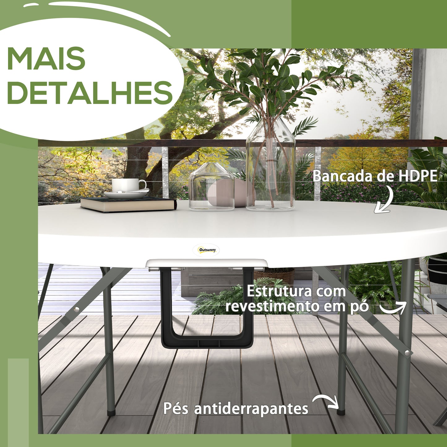 Outsunny Mesa de Jardim Redonda Mesa de Varanda Dobrável com Estrutura de Aço e Bancada de HDPE Carga Máxima 80 kg para Pátio Varada Ø122x73 cm Branco