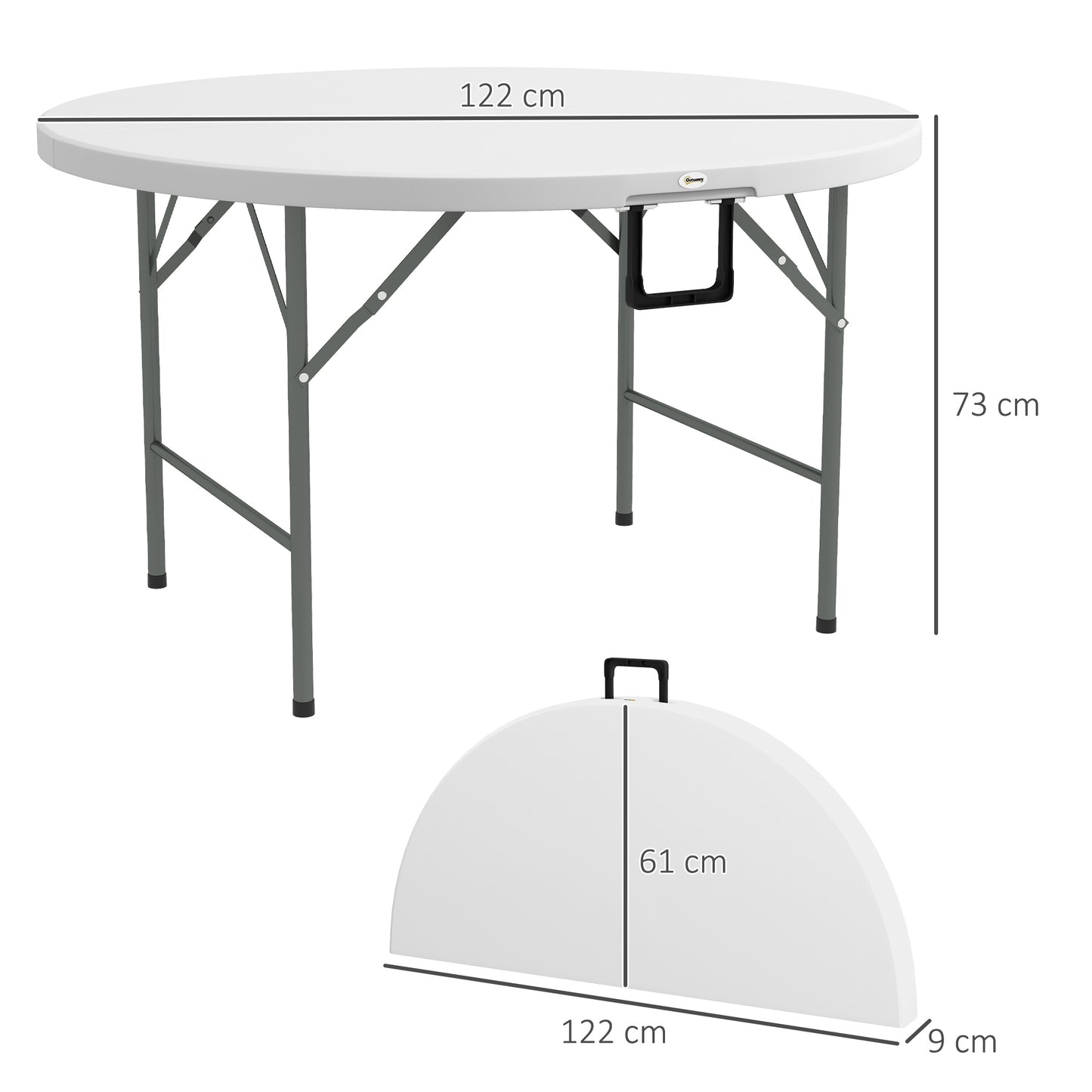 Outsunny Mesa de Jardim Redonda Mesa de Varanda Dobrável com Estrutura de Aço e Bancada de HDPE Carga Máxima 80 kg para Pátio Varada Ø122x73 cm Branco