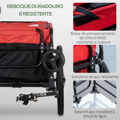 HOMCOM Reboque de Bicicleta para Carga 40kg Carrinho de Transporte com Bandeira Guiador Desmontável Estrutura de Aço e Refletores 130x64x103cm Preto e Vermelho