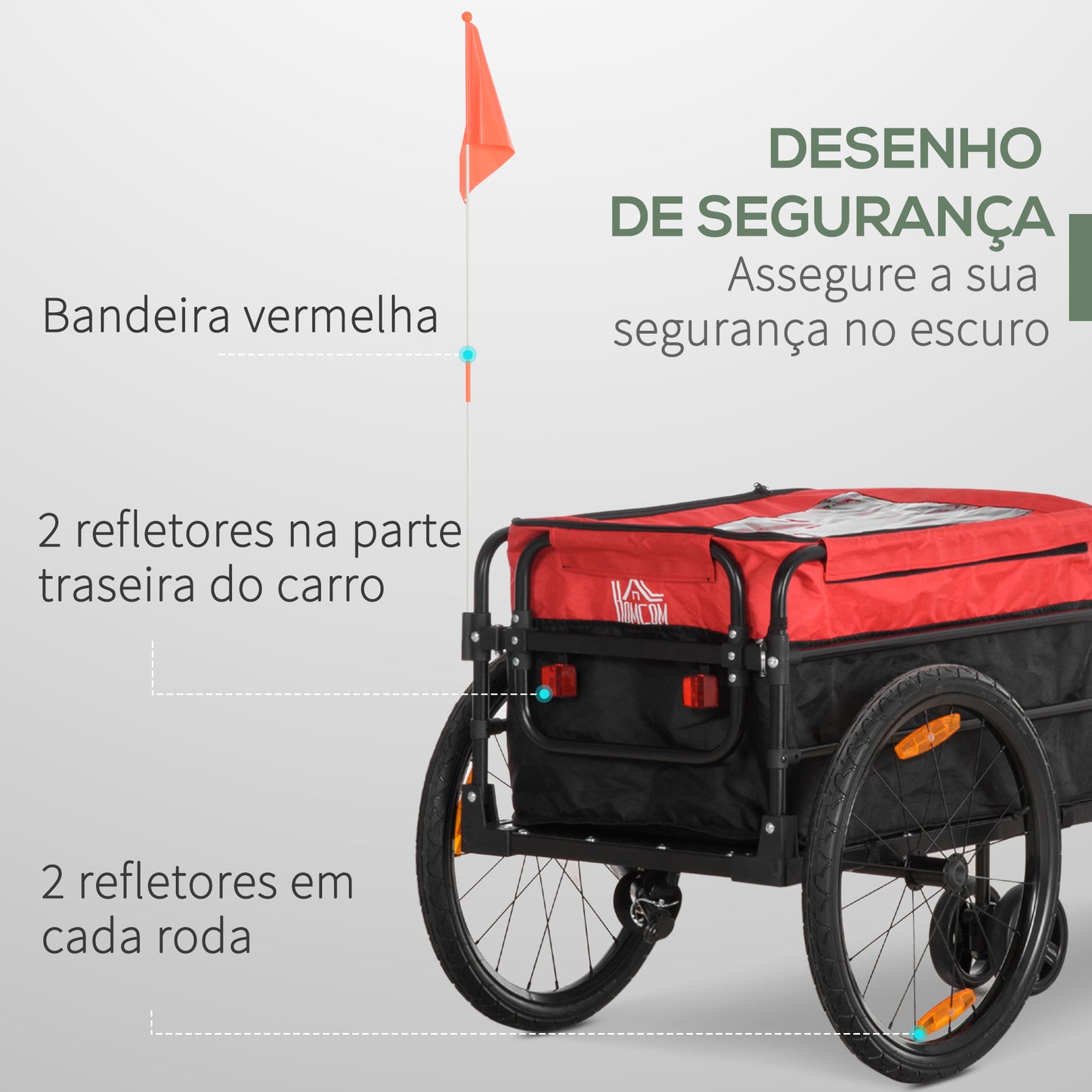 HOMCOM Reboque de Bicicleta para Carga 40kg Carrinho de Transporte com Bandeira Guiador Desmontável Estrutura de Aço e Refletores 130x64x103cm Preto e Vermelho