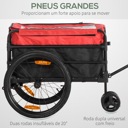 HOMCOM Reboque de Bicicleta para Carga 40kg Carrinho de Transporte com Bandeira Guiador Desmontável Estrutura de Aço e Refletores 130x64x103cm Preto e Vermelho