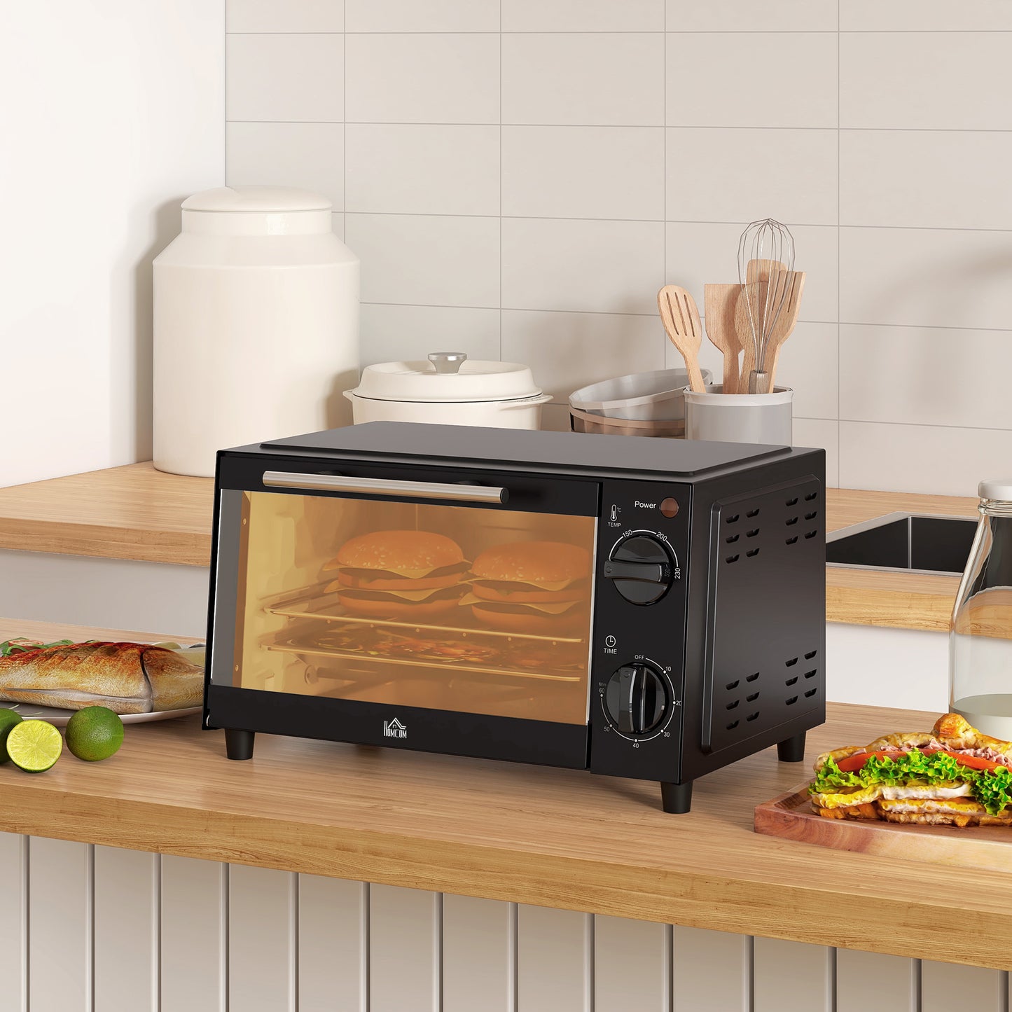 HOMCOM Mini Forno Elétrico 9L Forno Elétrico de Bancada 750W com Temperatura Ajustável até 230°C Temporizador 60 min e Bandeja para Assar Grelha 35x24,6x20 cm Preto