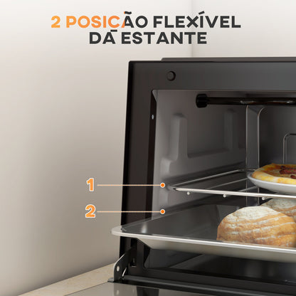 HOMCOM Mini Forno Elétrico 9L Forno Elétrico de Bancada 750W com Temperatura Ajustável até 230°C Temporizador 60 min e Bandeja para Assar Grelha 35x24,6x20 cm Preto