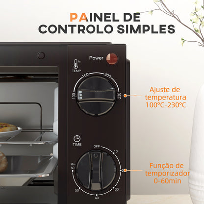 HOMCOM Mini Forno Elétrico 9L Forno Elétrico de Bancada 750W com Temperatura Ajustável até 230°C Temporizador 60 min e Bandeja para Assar Grelha 35x24,6x20 cm Preto