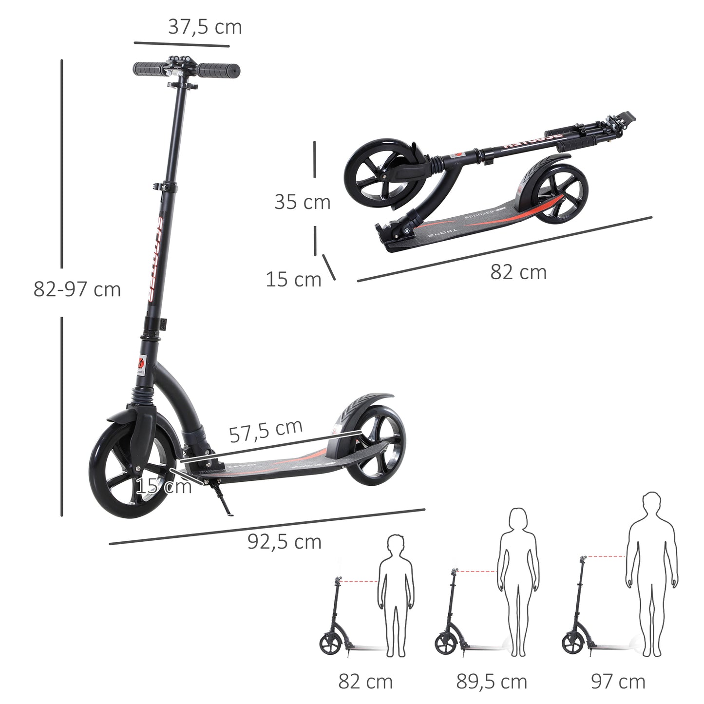 HOMCOM Trotinete dobrável de alumínio para crianças acima de 14 anos altura ajustável de 87-101 cm com 2 Rodas Grandes Travagem Carga 100 kg Preto