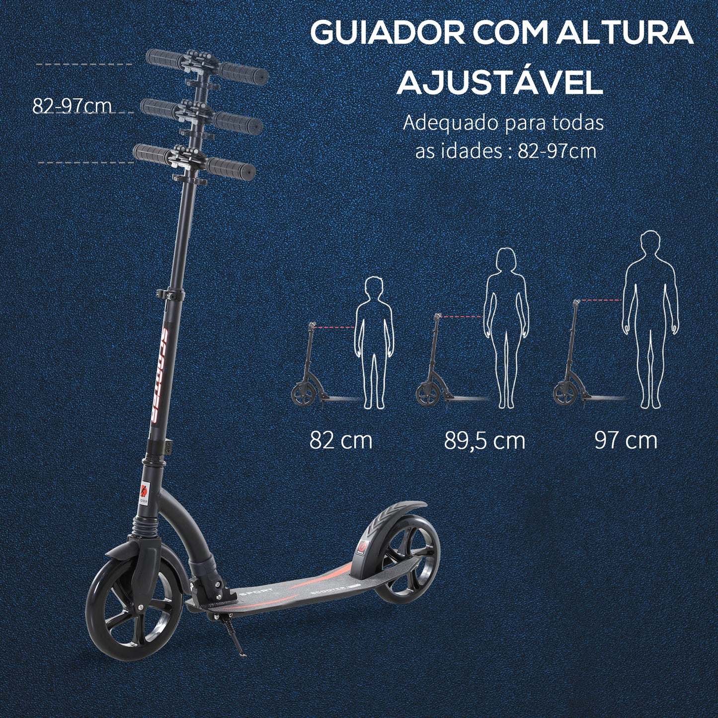 HOMCOM Trotinete dobrável de alumínio para crianças acima de 14 anos altura ajustável de 87-101 cm com 2 Rodas Grandes Travagem Carga 100 kg Preto