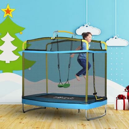 ZONEKIZ Trampolim para Crianças 3 em 1 Trampolim Infantil com Superfície de Salto 160x92 cm Rede de Segurança Barra Horizontal Desmontável e Baloiço para Exterior e Interior Azul Claro