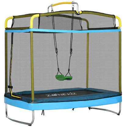 ZONEKIZ Trampolim para Crianças 3 em 1 Trampolim Infantil com Superfície de Salto 160x92 cm Rede de Segurança Barra Horizontal Desmontável e Baloiço para Exterior e Interior Azul Claro