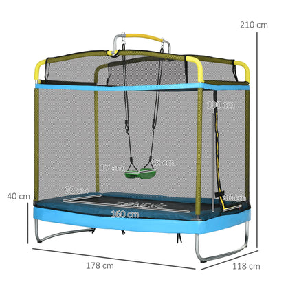 ZONEKIZ Trampolim para Crianças 3 em 1 Trampolim Infantil com Superfície de Salto 160x92 cm Rede de Segurança Barra Horizontal Desmontável e Baloiço para Exterior e Interior Azul Claro