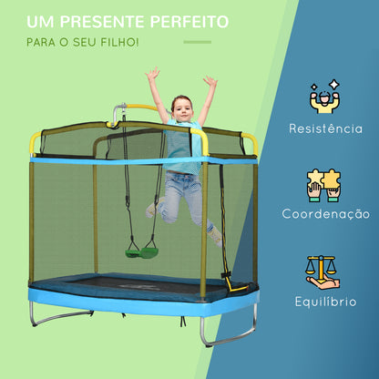 ZONEKIZ Trampolim para Crianças 3 em 1 Trampolim Infantil com Superfície de Salto 160x92 cm Rede de Segurança Barra Horizontal Desmontável e Baloiço para Exterior e Interior Azul Claro