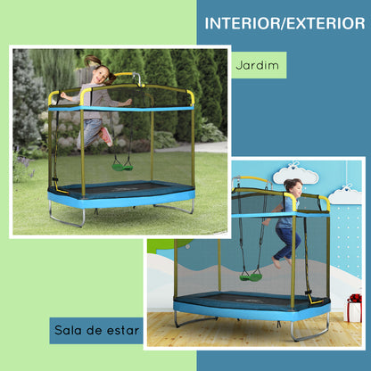 ZONEKIZ Trampolim para Crianças 3 em 1 Trampolim Infantil com Superfície de Salto 160x92 cm Rede de Segurança Barra Horizontal Desmontável e Baloiço para Exterior e Interior Azul Claro