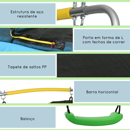 ZONEKIZ Trampolim para Crianças 3 em 1 Trampolim Infantil com Superfície de Salto 160x92 cm Rede de Segurança Barra Horizontal Desmontável e Baloiço para Exterior e Interior Azul Claro