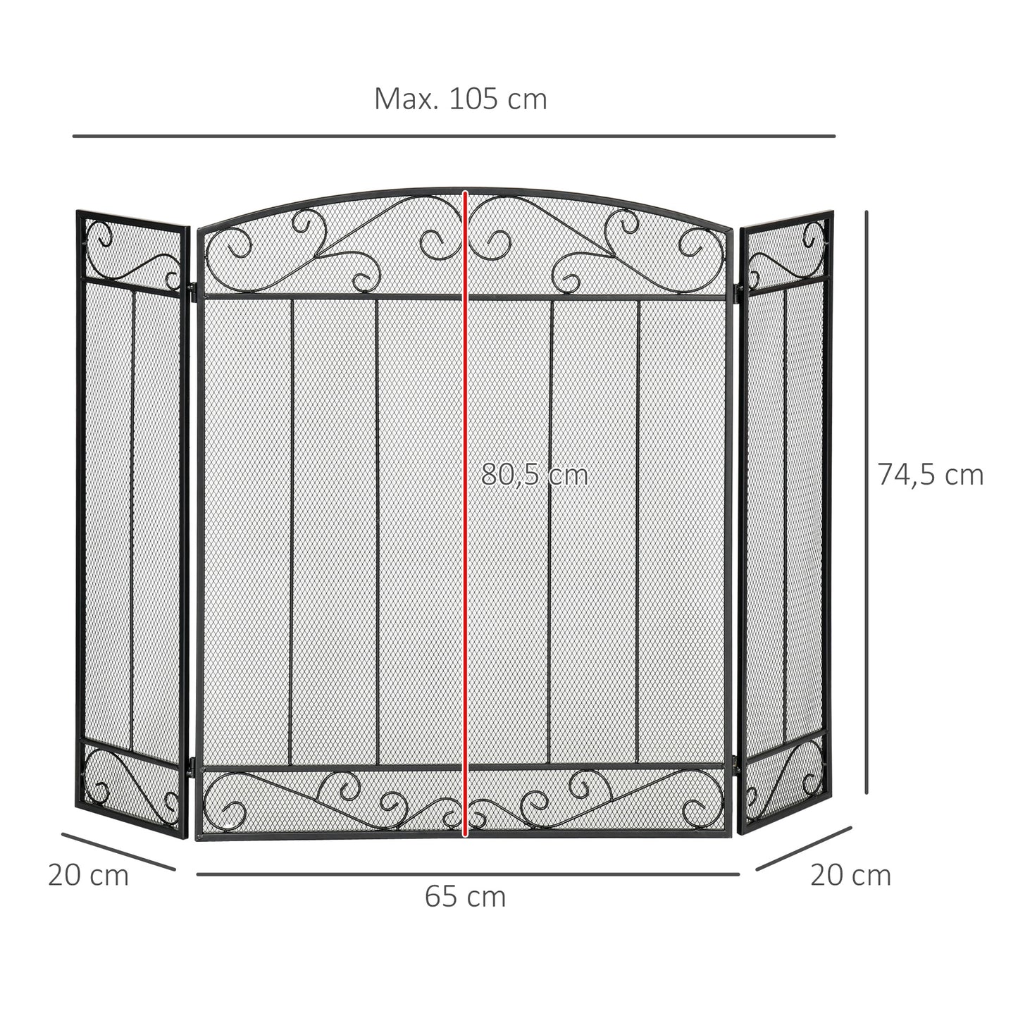 HOMCOM Frente de Lareira Dobrável Frente para Lareira com 3 Painéis Dobradiças Estrutura de Metal e Arame Decorativo 105x80,5cm Preto