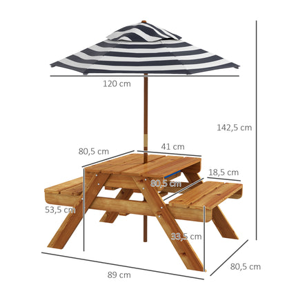 Outsunny Mesa de Piquenique para Crianças de Madeira Mesa e 2 Bancos Infantis com Chapéu de Sol e Caixa de Areia para Jardim Pátio 89x80,5x42,5 cm Teca