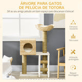 PawHut Arranhador para Gatos Médio Altura 100,5cm Arranhador para Gatos com Cama Superior Caverna 2 Almofadas 2 Postes Escada 57x37x100,5cm Bege