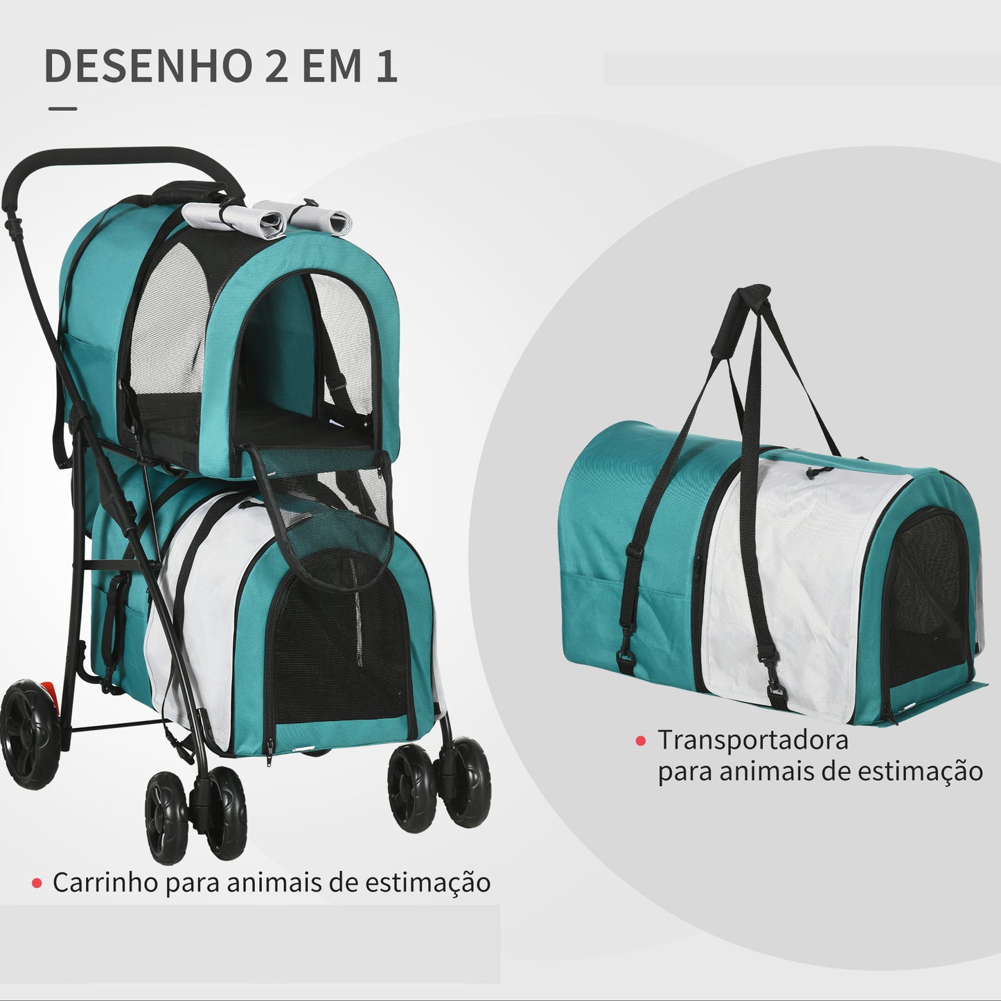 PawHut Carrinho Duplo para Cães Gatos Carrinho Dobrável para Animais de Estimação com 2 Transportadoras Portáteis Cinto de Segurança Bolsos Laterais e 2 Almofadas 66x50x98 cm Turquesa e Cinza