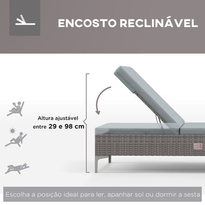 Outsunny Espreguiçadeira de Vime Reclinável Espreguiçadeira de Jardim com Encosto Ajustável Almofada Amovível e Lavável Carga Máxima 160 kg para Pátio Varanda 202x61x29-98 cm Cinza e Marrom