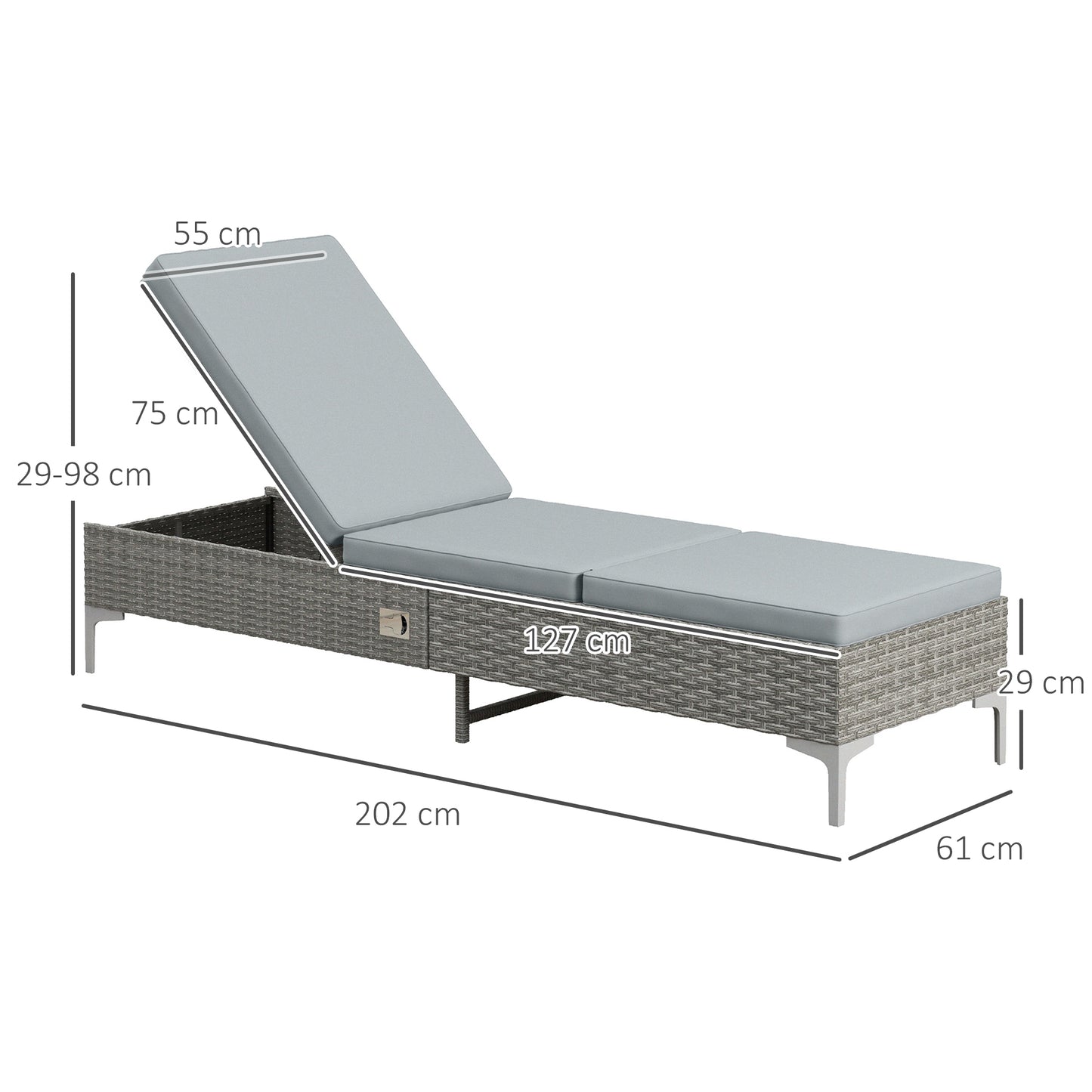 Outsunny Espreguiçadeira de Vime Reclinável Espreguiçadeira de Jardim com Encosto Ajustável Almofada Amovível e Lavável Carga Máxima 160 kg para Pátio Varanda 202x61x29-98 cm Cinza e Marrom