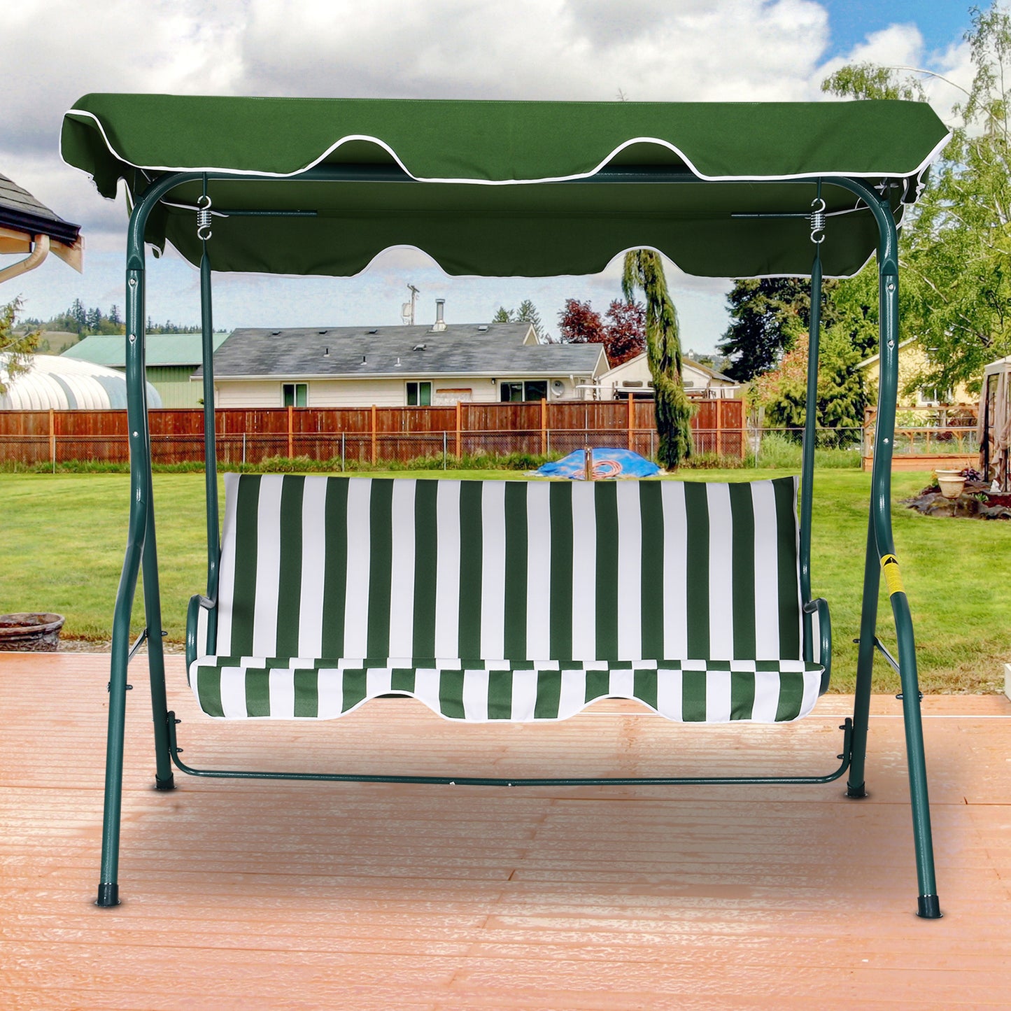 Outsunny Baloiço de Jardim de 3 Lugares com Estrutura de Metal Almofada Toldo Ajustável Balcão Terraço Patio Carga Máx. 200kg 170x110x153cm Verde e Branco