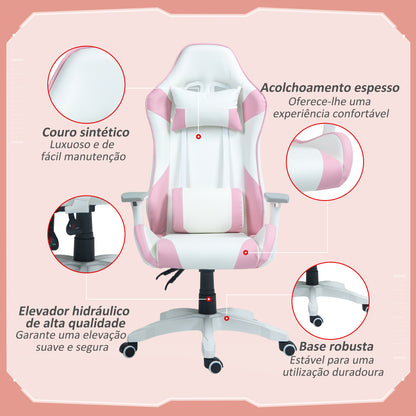 HOMCOM Cadeira Gaming Reclinável Cadeira Gamer Giratória com Almofada Lombar Apoios de Braços Ajustáveis Apoio de Cabeça Basculante e Altura Ajustável para Escritório 67x60x120-128 cm Branco e Rosa