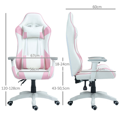 HOMCOM Cadeira Gaming Reclinável Cadeira Gamer Giratória com Almofada Lombar Apoios de Braços Ajustáveis Apoio de Cabeça Basculante e Altura Ajustável para Escritório 67x60x120-128 cm Branco e Rosa