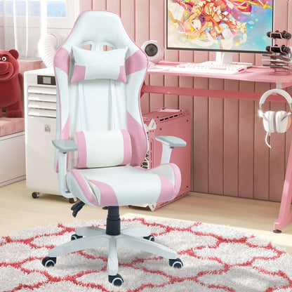 HOMCOM Cadeira Gaming Reclinável Cadeira Gamer Giratória com Almofada Lombar Apoios de Braços Ajustáveis Apoio de Cabeça Basculante e Altura Ajustável para Escritório 67x60x120-128 cm Branco e Rosa