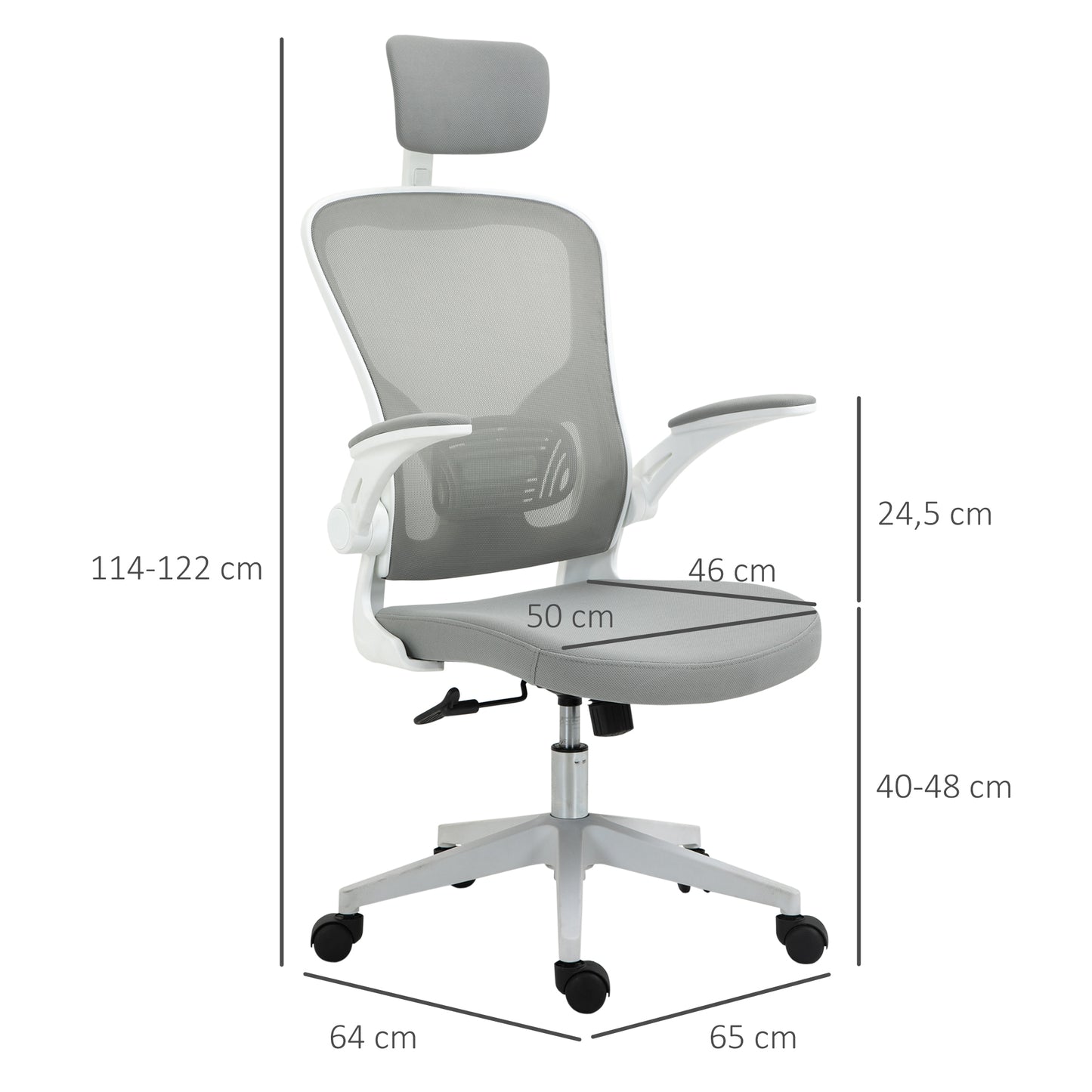 Vinsetto Cadeira de Escritório de Malha Ergonómica Cadeira de Escritório com Altura Ajustável Apoio para os Braços Dobrável Apoio para a Cabeça e Suporte Lombar Ajustáveis 65x64x114-122cm Cinza