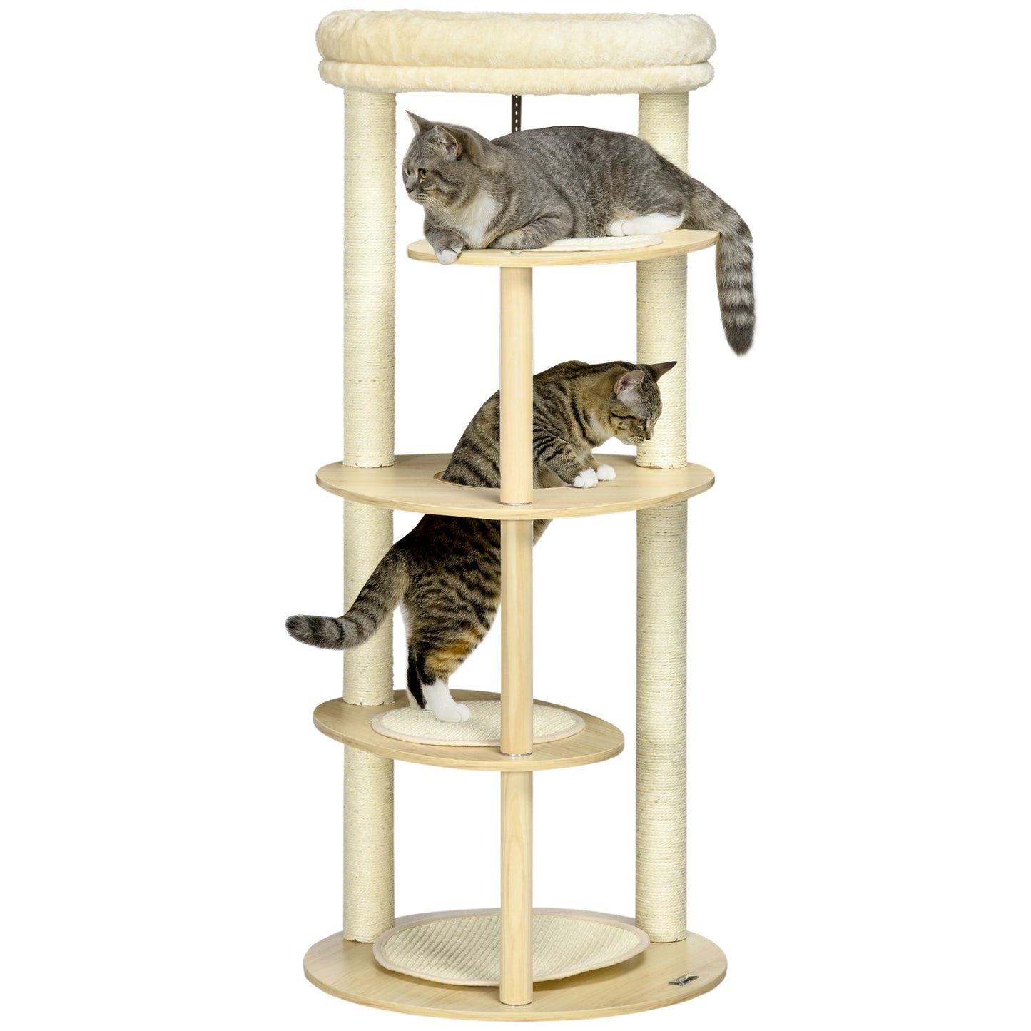 PawHut Árvore Arranhador para Gatos de Madeira 123,5cm Torre de Arranhar para Gatos com Múltiplas Plataformas Cama e Almofada Ø54x123,5 cm Carvalho