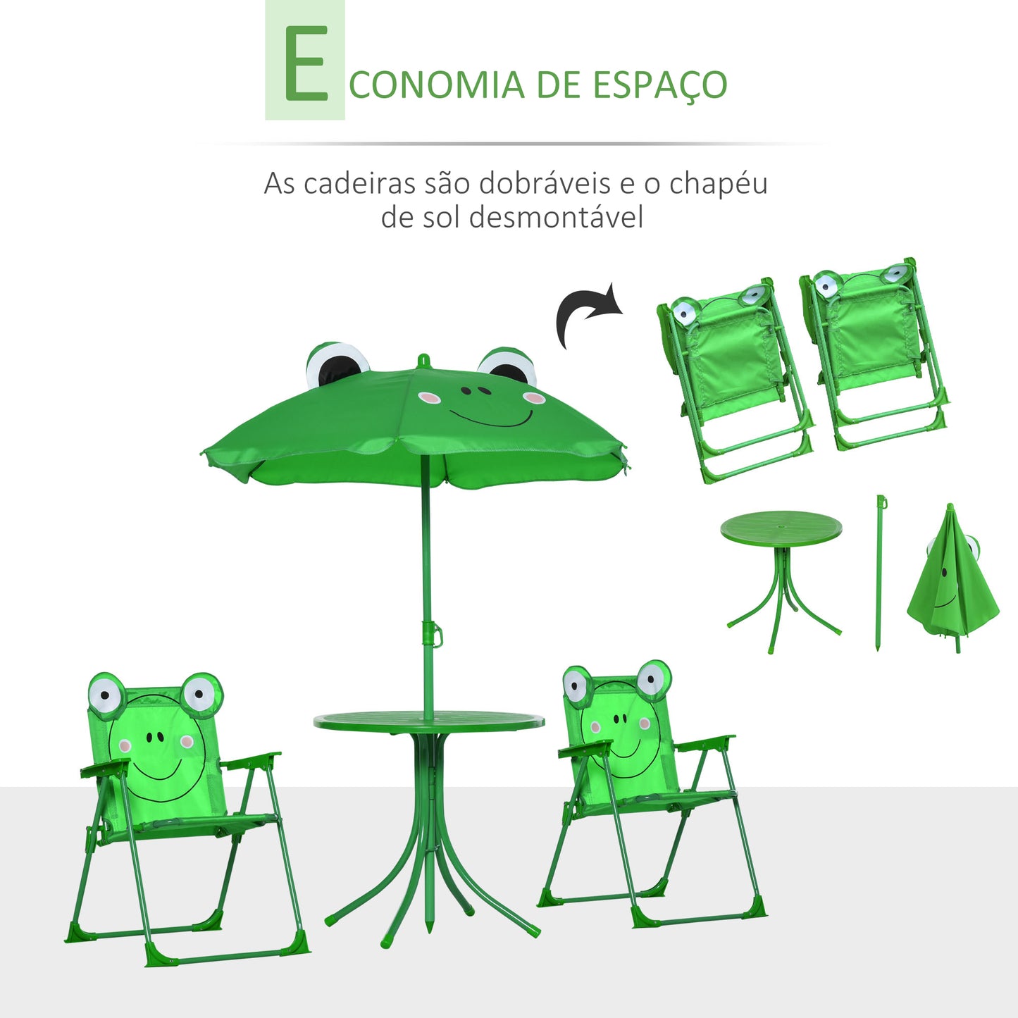 Outsunny Conjunto de Mesa e Cadeira de Jardim Conjunto de Picnic Dobrável para Crianças Conjunto de Mesa com Chapéu de Sol com Altura Ajustável 100-125cm Desenho de Sapo Verde