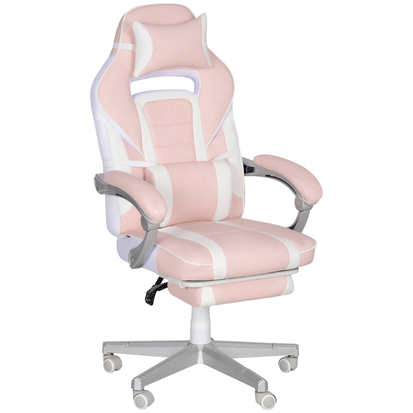 HOMCOM Cadeira Gaming Cadeira de Escritório Reclinável com Altura Ajustável Apoio para os Pés Retrátil Suporte Lombar e Almofada para a Cabeça Amovível 63x63x115,5-123 cm Rosa