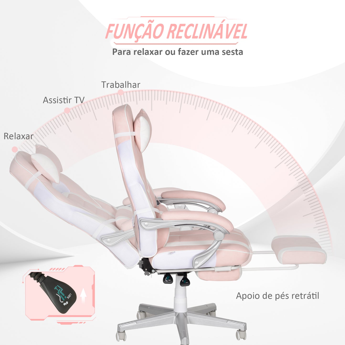 HOMCOM Cadeira Gaming Cadeira de Escritório Reclinável com Altura Ajustável Apoio para os Pés Retrátil Suporte Lombar e Almofada para a Cabeça Amovível 63x63x115,5-123 cm Rosa