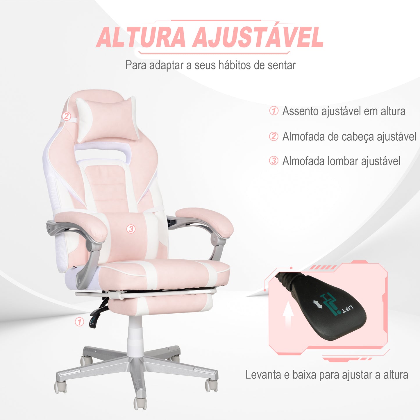 HOMCOM Cadeira Gaming Cadeira de Escritório Reclinável com Altura Ajustável Apoio para os Pés Retrátil Suporte Lombar e Almofada para a Cabeça Amovível 63x63x115,5-123 cm Rosa