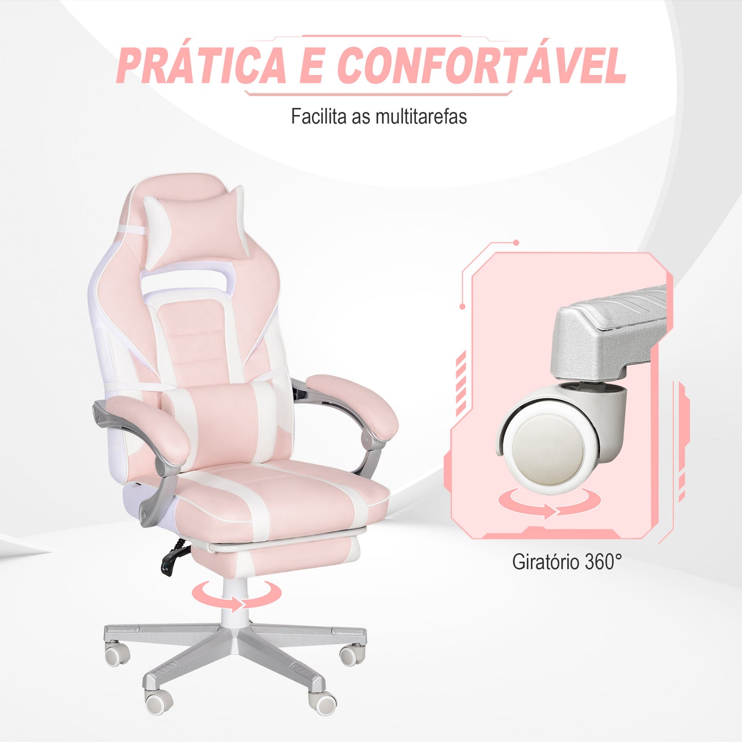 HOMCOM Cadeira Gaming Cadeira de Escritório Reclinável com Altura Ajustável Apoio para os Pés Retrátil Suporte Lombar e Almofada para a Cabeça Amovível 63x63x115,5-123 cm Rosa