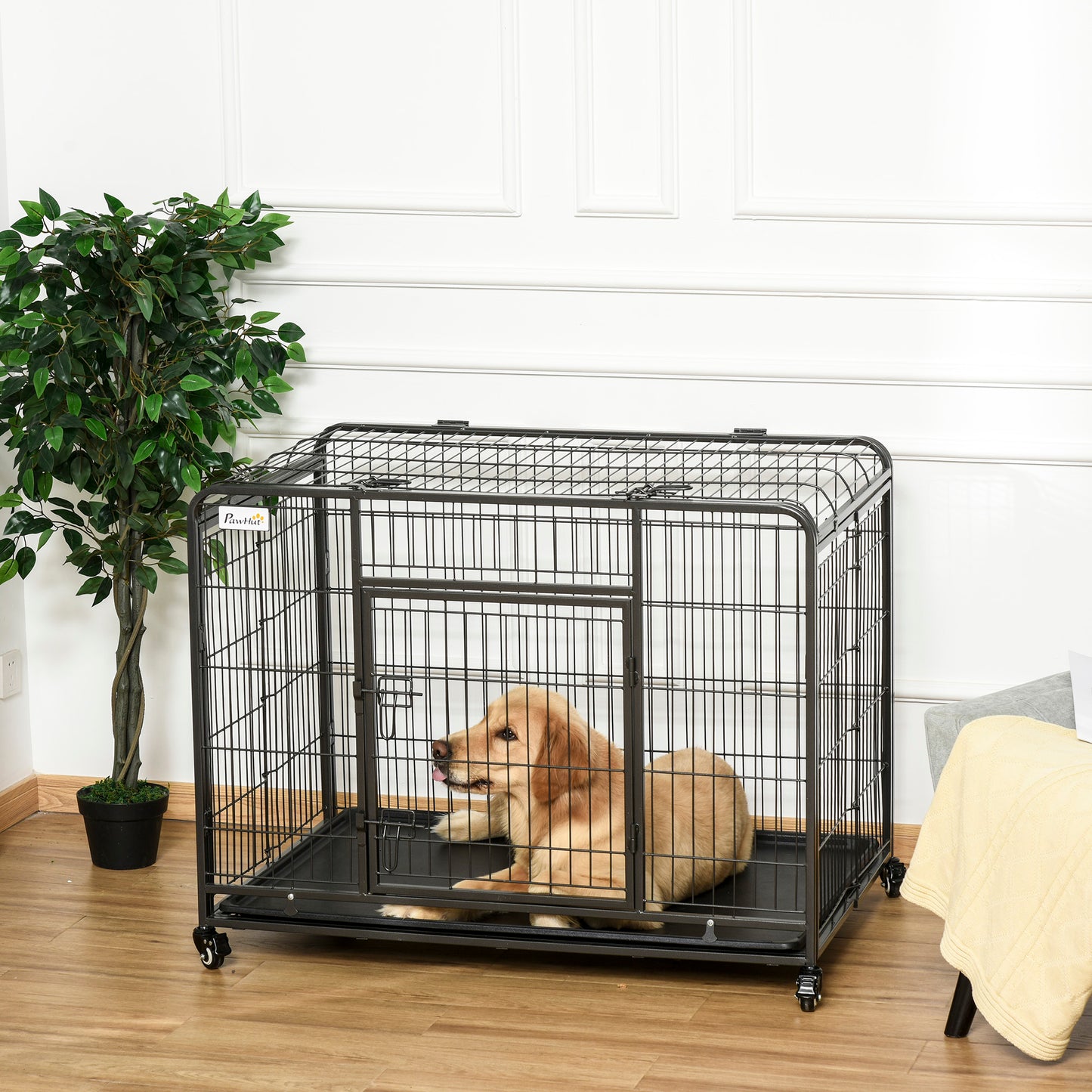 PawHut Gaiola de metal dobrável para cães com rodas e freios Bandeja removível e porta com travas 109,5x71x78 cm Cinza escuro