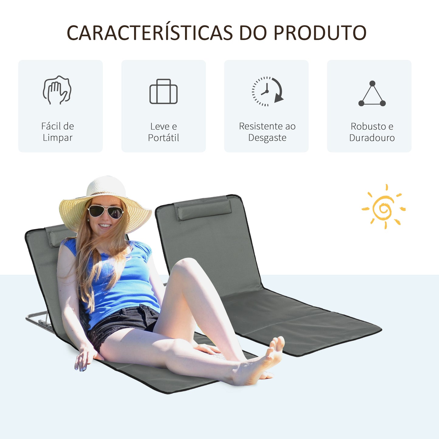 Outsunny Conjunto de 2 Esteiras de Praia Dobráveis 124x53x50cm com Encosto Ajustável e Apoio para a Cabeça Esteira de Praia Tecido Oxford Aço com Bolsa de Transporte Cinza