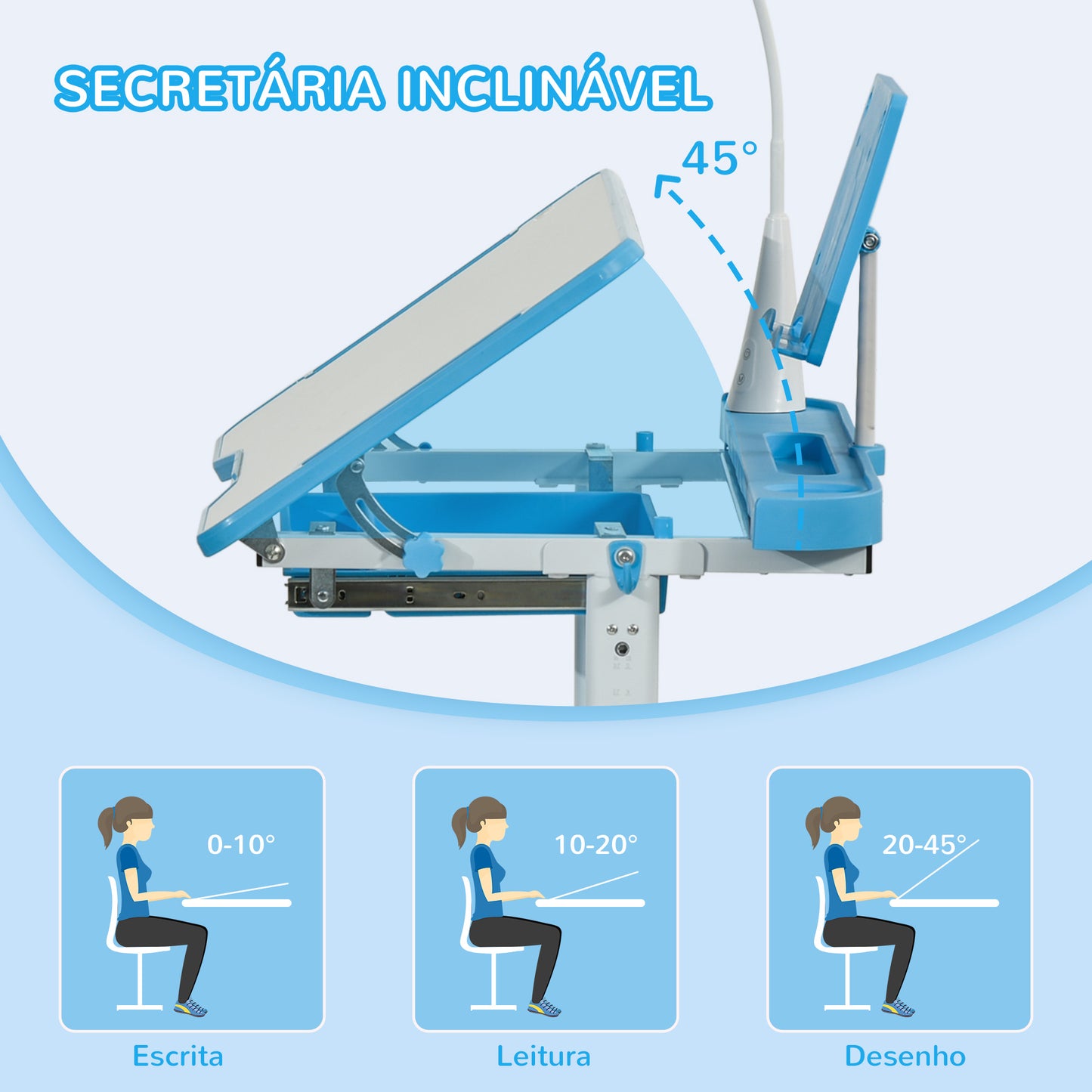 HOMCOM Conjunto de Secretária e Cadeira para Crianças acima de 3 Anos Secretária Infantil com Altura Ajustável Mesa Inclinável Gaveta Lâmpada LED e Suporte para Lápis 80x49,5x80-105cm e 36x34x60-73 cm Azul