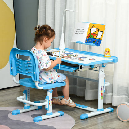 HOMCOM Conjunto de Secretária e Cadeira para Crianças acima de 3 Anos Secretária Infantil com Altura Ajustável Mesa Inclinável Gaveta Lâmpada LED e Suporte para Lápis 80x49,5x80-105cm e 36x34x60-73 cm Azul