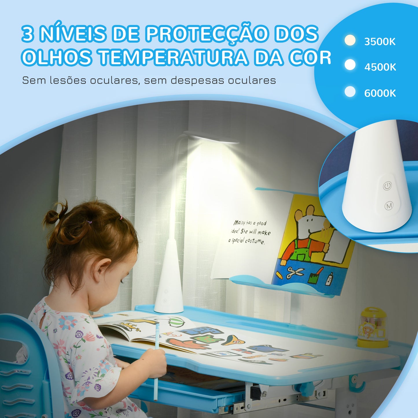 HOMCOM Conjunto de Secretária e Cadeira para Crianças acima de 3 Anos Secretária Infantil com Altura Ajustável Mesa Inclinável Gaveta Lâmpada LED e Suporte para Lápis 80x49,5x80-105cm e 36x34x60-73 cm Azul