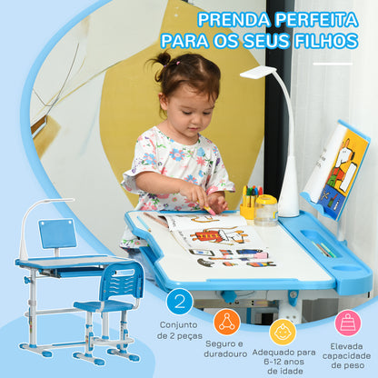 HOMCOM Conjunto de Secretária e Cadeira para Crianças acima de 3 Anos Secretária Infantil com Altura Ajustável Mesa Inclinável Gaveta Lâmpada LED e Suporte para Lápis 80x49,5x80-105cm e 36x34x60-73 cm Azul