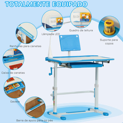 HOMCOM Conjunto de Secretária e Cadeira para Crianças acima de 3 Anos Secretária Infantil com Altura Ajustável Mesa Inclinável Gaveta Lâmpada LED e Suporte para Lápis 80x49,5x80-105cm e 36x34x60-73 cm Azul